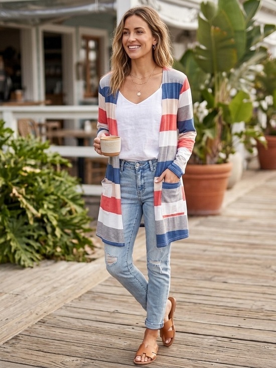 Source Unknown Sweaters - Striped Open-Front Cardigan Sweater - Blue, Coral & Cream